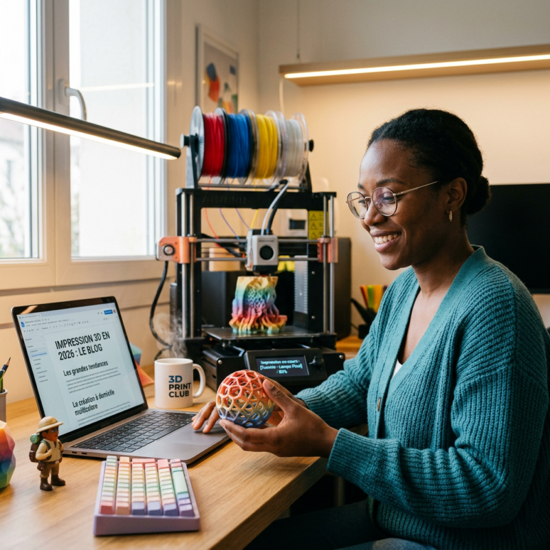 Woman holding colorful 3D-printed sphere beside printer; laptop reads “IMPRESSION 3D EN 2026 : LE BLOG.”